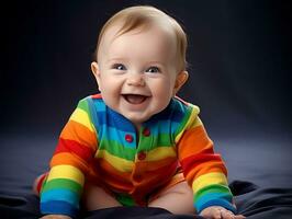 Adorable baby with vibrant clothing in a playful pose AI Generative photo