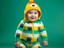 Adorable baby with vibrant clothing in a playful pose AI Generative photo