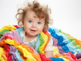 Adorable baby with vibrant clothing in a playful pose AI Generative photo