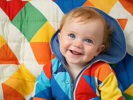 adorable bebé con vibrante ropa en un juguetón actitud ai generativo foto