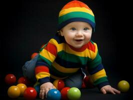 Adorable baby with vibrant clothing in a playful pose AI Generative photo