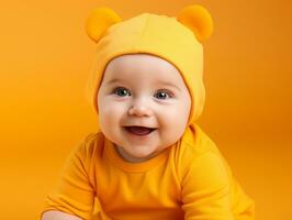 Adorable baby with vibrant clothing in a playful pose AI Generative photo