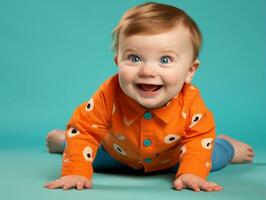 Adorable baby with vibrant clothing in a playful pose AI Generative photo