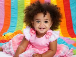 Adorable baby with vibrant clothing in a playful pose AI Generative photo