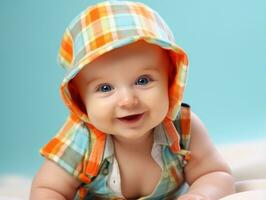 Adorable baby with vibrant clothing in a playful pose AI Generative photo