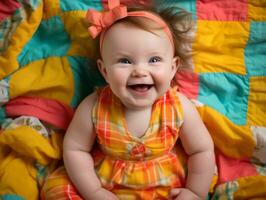 Adorable baby with vibrant clothing in a playful pose AI Generative photo