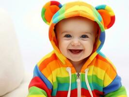 Adorable baby with vibrant clothing in a playful pose AI Generative photo