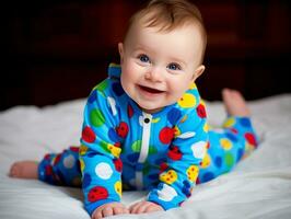 Adorable baby with vibrant clothing in a playful pose AI Generative photo