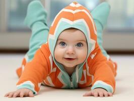 adorable bebé con vibrante ropa en un juguetón actitud ai generativo foto