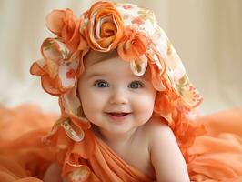 Adorable baby with vibrant clothing in a playful pose AI Generative photo