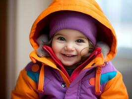 adorable bebé con vibrante ropa en un juguetón actitud ai generativo foto