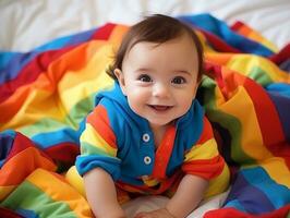 Adorable baby with vibrant clothing in a playful pose AI Generative photo