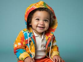 Adorable baby with vibrant clothing in a playful pose AI Generative photo