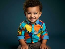 Adorable baby with vibrant clothing in a playful pose AI Generative photo