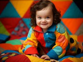 Adorable baby with vibrant clothing in a playful pose AI Generative photo