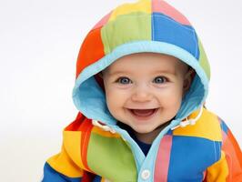 Adorable baby with vibrant clothing in a playful pose AI Generative photo