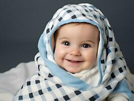 adorable bebé con vibrante ropa en un juguetón actitud ai generativo foto