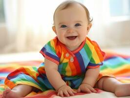 Adorable baby with vibrant clothing in a playful pose AI Generative photo