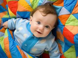 adorable bebé con vibrante ropa en un juguetón actitud ai generativo foto