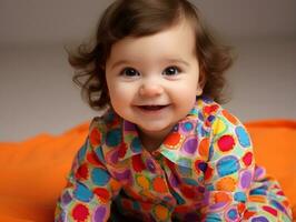 Adorable baby with vibrant clothing in a playful pose AI Generative photo