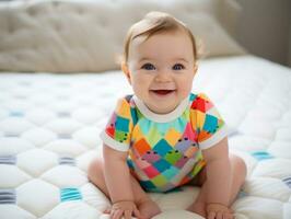 Adorable baby with vibrant clothing in a playful pose AI Generative photo