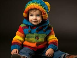 Adorable baby with vibrant clothing in a playful pose AI Generative photo