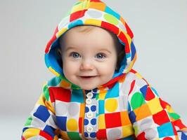 adorable bebé con vibrante ropa en un juguetón actitud ai generativo foto