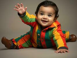 adorable bebé con vibrante ropa en un juguetón actitud ai generativo foto