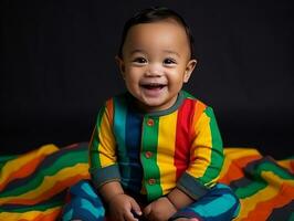 Adorable baby with vibrant clothing in a playful pose AI Generative photo