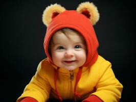 Adorable baby with vibrant clothing in a playful pose AI Generative photo