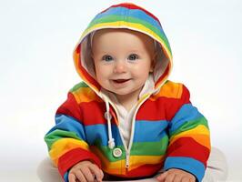 Adorable baby with vibrant clothing in a playful pose AI Generative photo