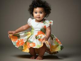 Adorable baby with vibrant clothing in a playful pose AI Generative photo