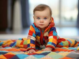 adorable bebé con vibrante ropa en un juguetón actitud ai generativo foto