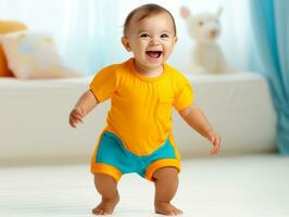 Adorable baby with vibrant clothing in a playful pose AI Generative photo