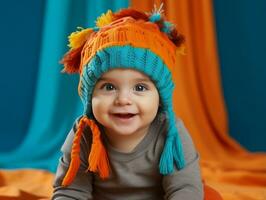 adorable bebé con vibrante ropa en un juguetón actitud ai generativo foto