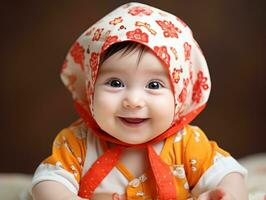 Adorable baby with vibrant clothing in a playful pose AI Generative photo