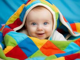 Adorable baby with vibrant clothing in a playful pose AI Generative photo