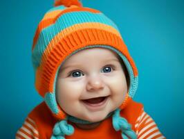 Adorable baby with vibrant clothing in a playful pose AI Generative photo