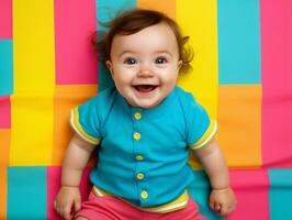 Adorable baby with vibrant clothing in a playful pose AI Generative photo