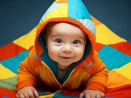 Adorable baby with vibrant clothing in a playful pose AI Generative photo