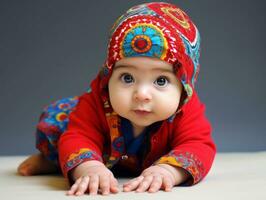 Adorable baby with vibrant clothing in a playful pose AI Generative photo