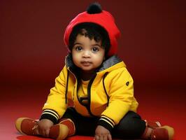 Adorable baby with vibrant clothing in a playful pose AI Generative photo