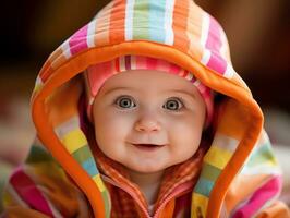 Adorable baby with vibrant clothing in a playful pose AI Generative photo