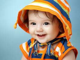 Adorable baby with vibrant clothing in a playful pose AI Generative photo