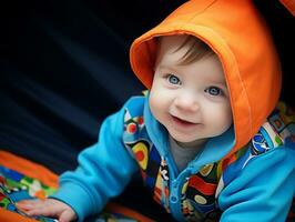 Adorable baby with vibrant clothing in a playful pose AI Generative photo