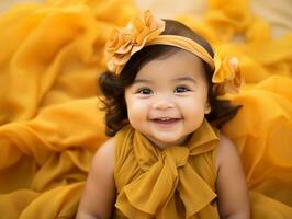 Adorable baby with vibrant clothing in a playful pose AI Generative photo