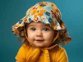 adorable bebé con vibrante ropa en un juguetón actitud ai generativo foto