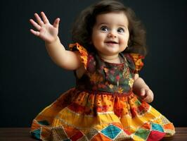 Adorable baby with vibrant clothing in a playful pose AI Generative photo