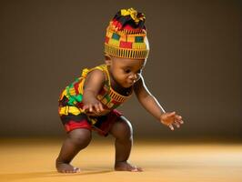 Adorable baby with vibrant clothing in a playful pose AI Generative photo