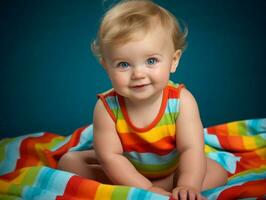 Adorable baby with vibrant clothing in a playful pose AI Generative photo